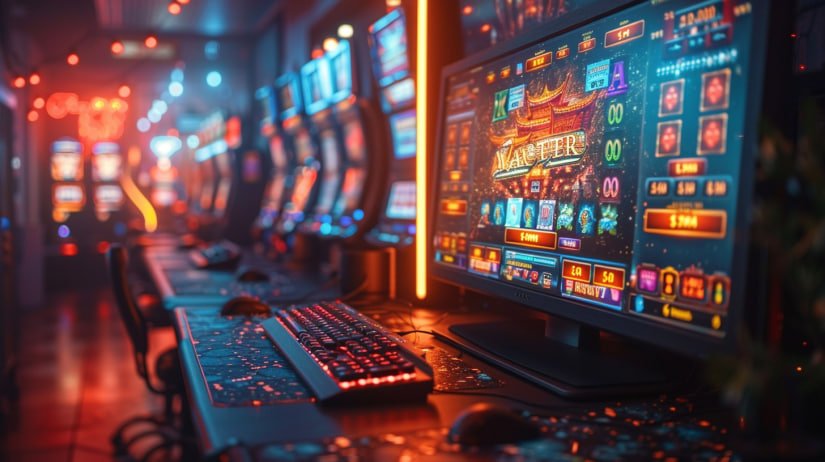 Màn hình game slot trực tuyến với các biểu tượng cuộn đầy màu sắc